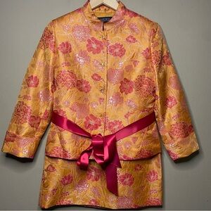 Kasper Skirt Suit Set 8P Gold Pink Floral Lined Ties At Waist Wedding Church